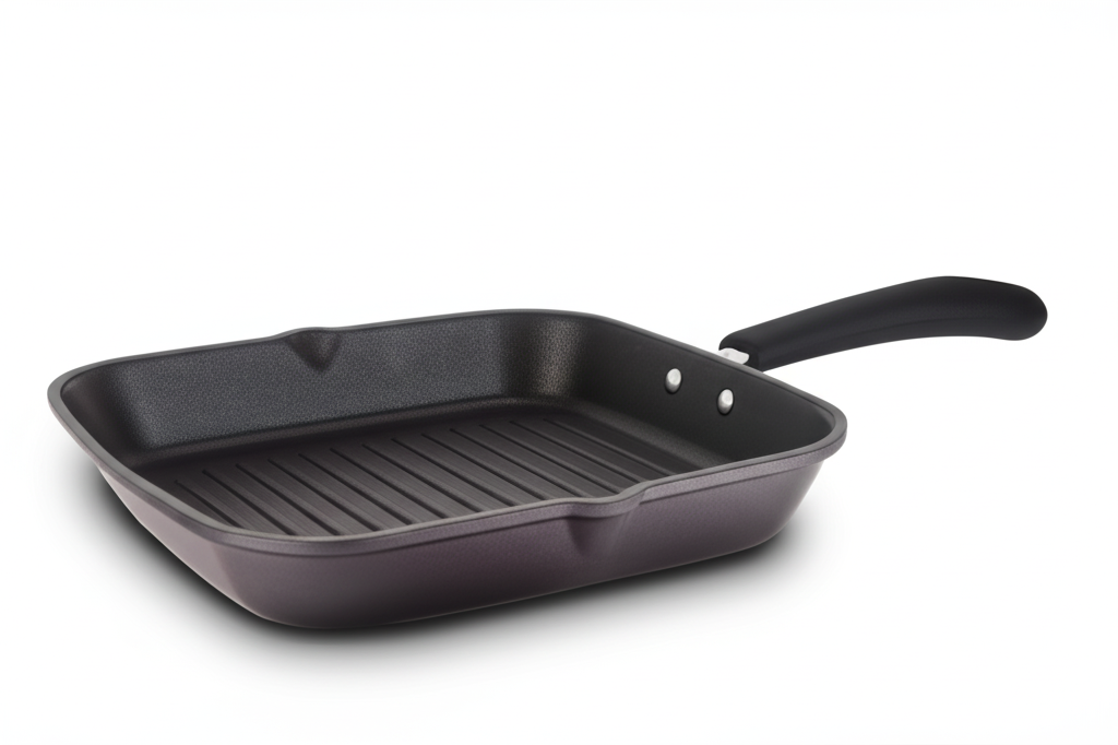 Bright Non-Stick Square Grill Pan – 26cm | 3mm Thick Aluminum Grill Pan with Triple Layer Coating | Free Spatula | ISO Certified | PFOA Free