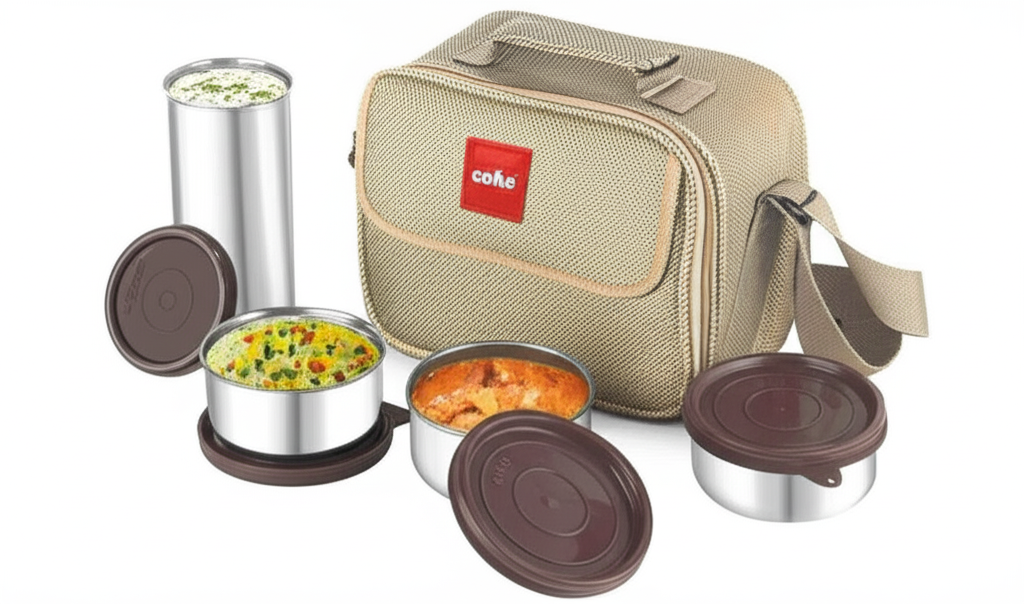 Cello MF Fab Stainless Steel Lunch Box Set with Designer Pouch – Leak-Proof, Durable & BPA Free (3 Containers + 1 Tumbler)
