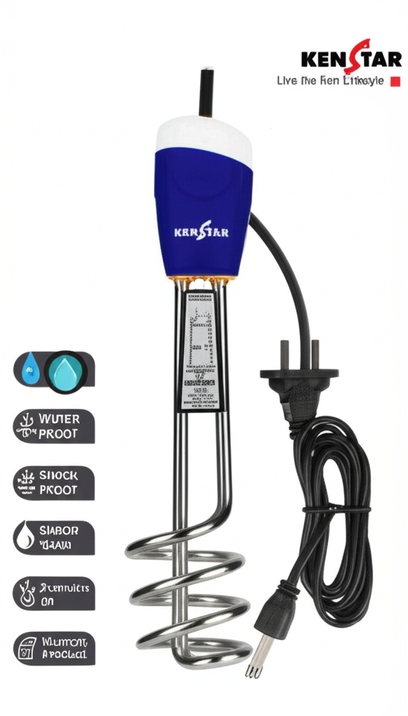 Kenstar Star Lux 1500W Immersion Water Heater Rod (Blue & Steel Finish, Shock Proof, Water Proof, ISI Certified)