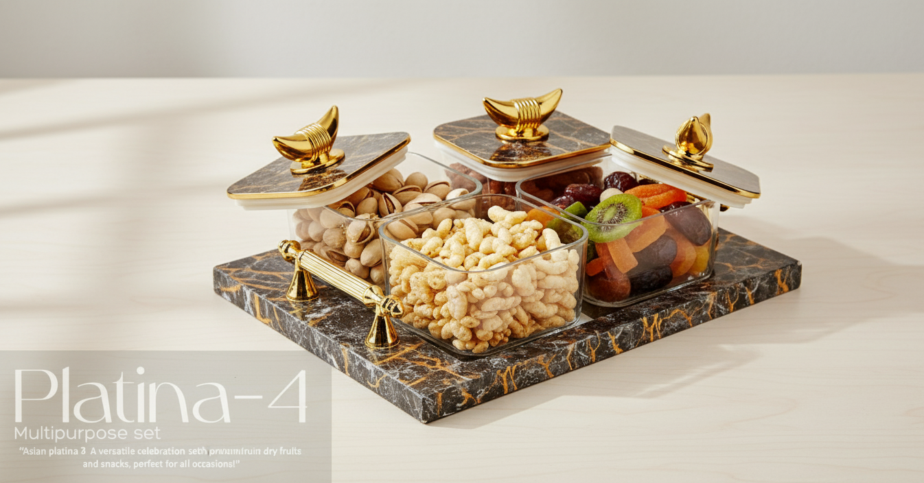 Decorative marble tray with gold accents holding various snacks on a light background