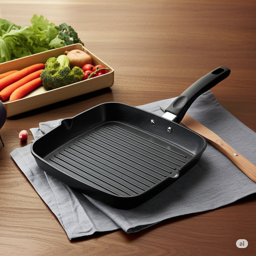 Bright Non-Stick Square Grill Pan – 26cm | 3mm Thick Aluminum Grill Pan with Triple Layer Coating | Free Spatula | ISO Certified | PFOA Free