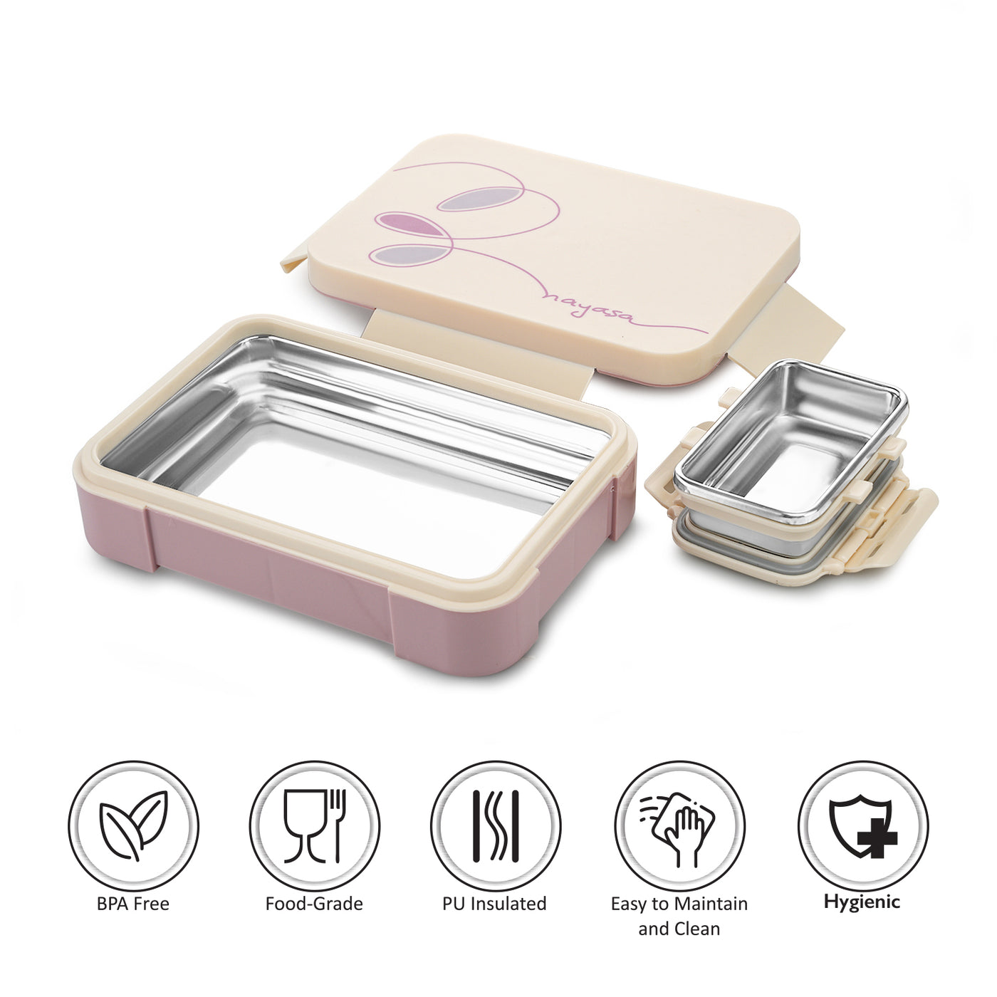Nayasa Element Insulated Lunchbox | Stainless Steel Inner | Leakproof | Durable | Perfect for School Kids | Off White & Pink