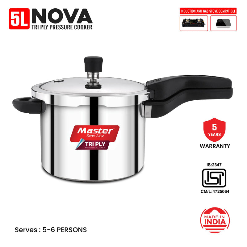 mASTER Nova 5L Tri Ply Flat Outer Lid Pressure Cooker - Induction Base