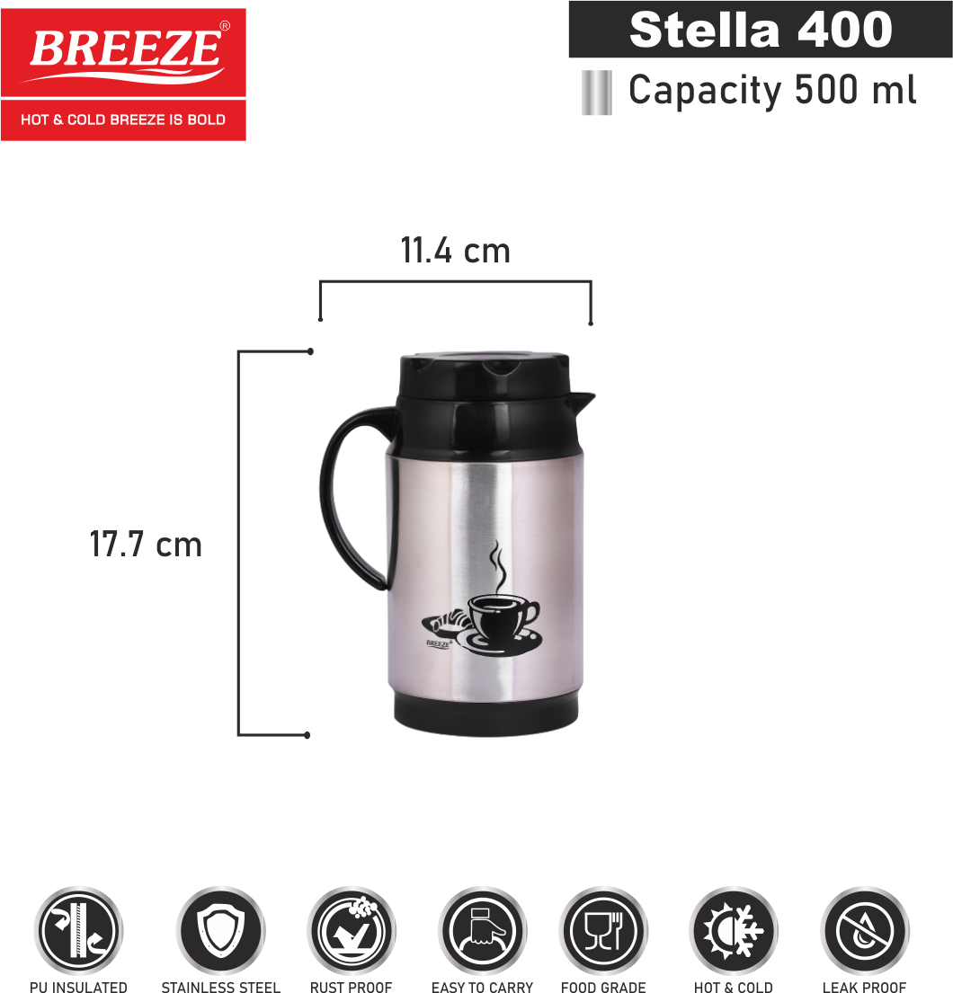 BREEZE Stella 400 Insulated Stainless Steel Flask | Double Walled Stainless Steel Flask, 500ml