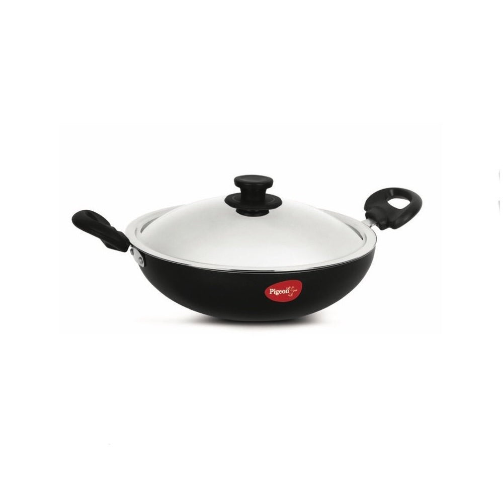 Pigeon by Stovekraft Non-Stick Aluminium Kadai, 150 with SS Lid - Dia 19.7cm, Black