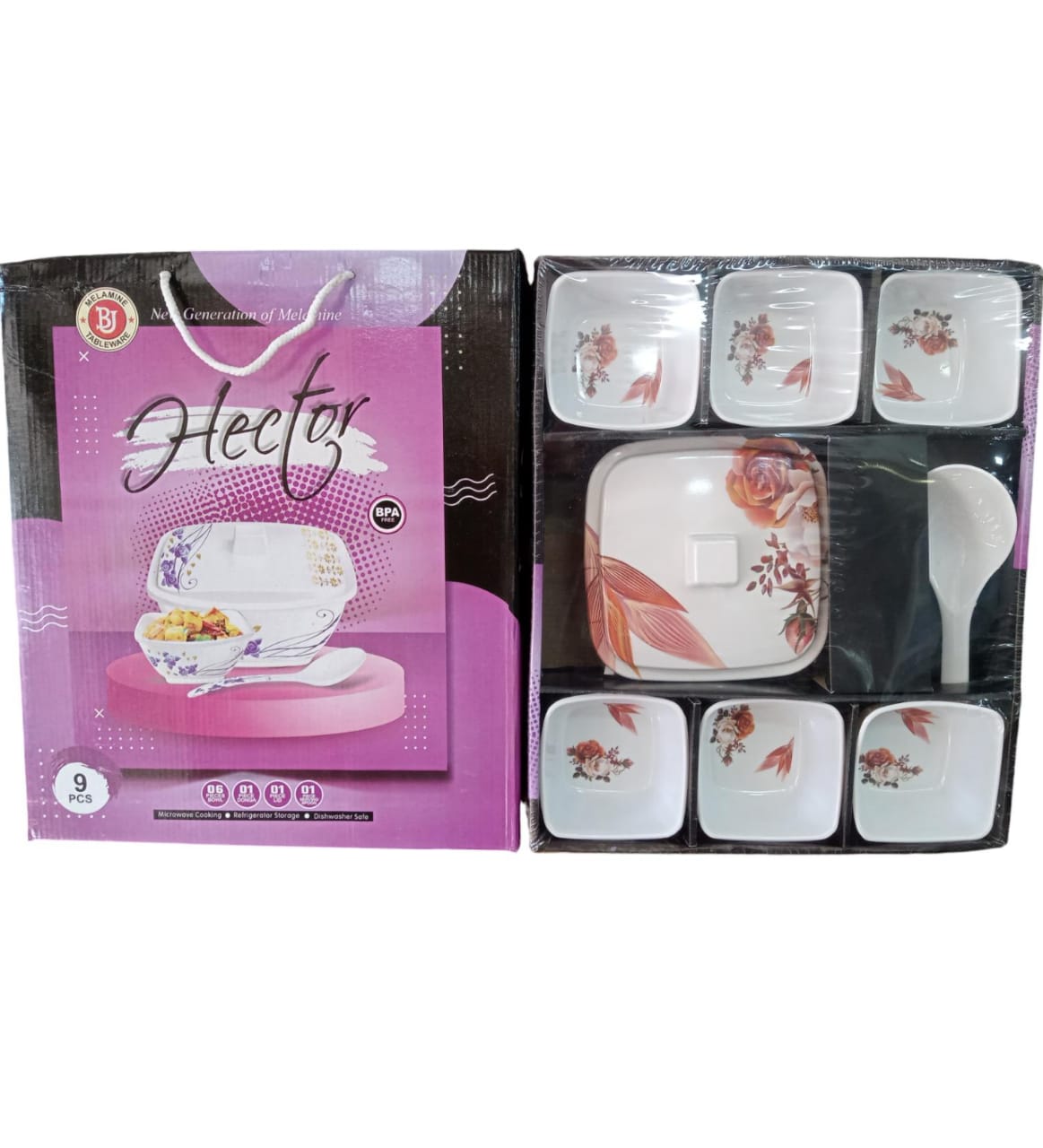 Hector 9-Piece Melamine Bowl Set with Lid and Serving Spoon - Floral Design