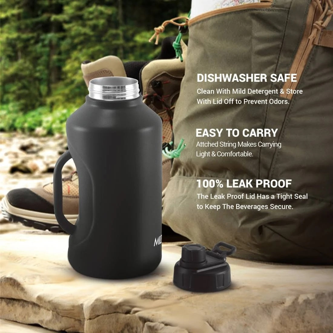 Milton Torrent 2200 Thermosteel Insulated Water Bottle, 2300 ml, Black | Easy Grip | Leak Proof | Hot or Cold | School | Travel Bottle