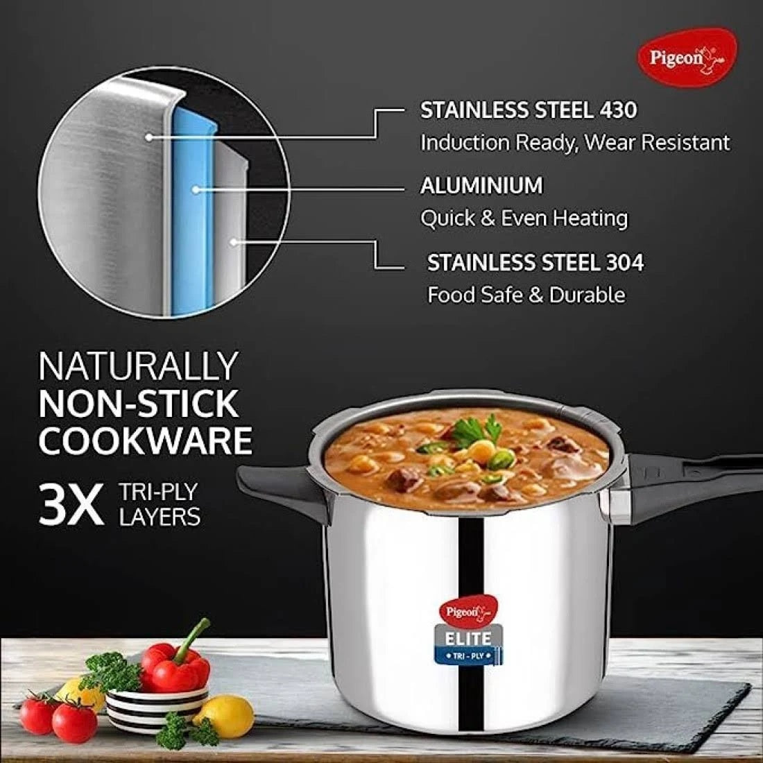 Pigeon Elite Shine and 2 L, 3 L, 5 L Outer Lid Induction Bottom Pressure Cooker (Triply)