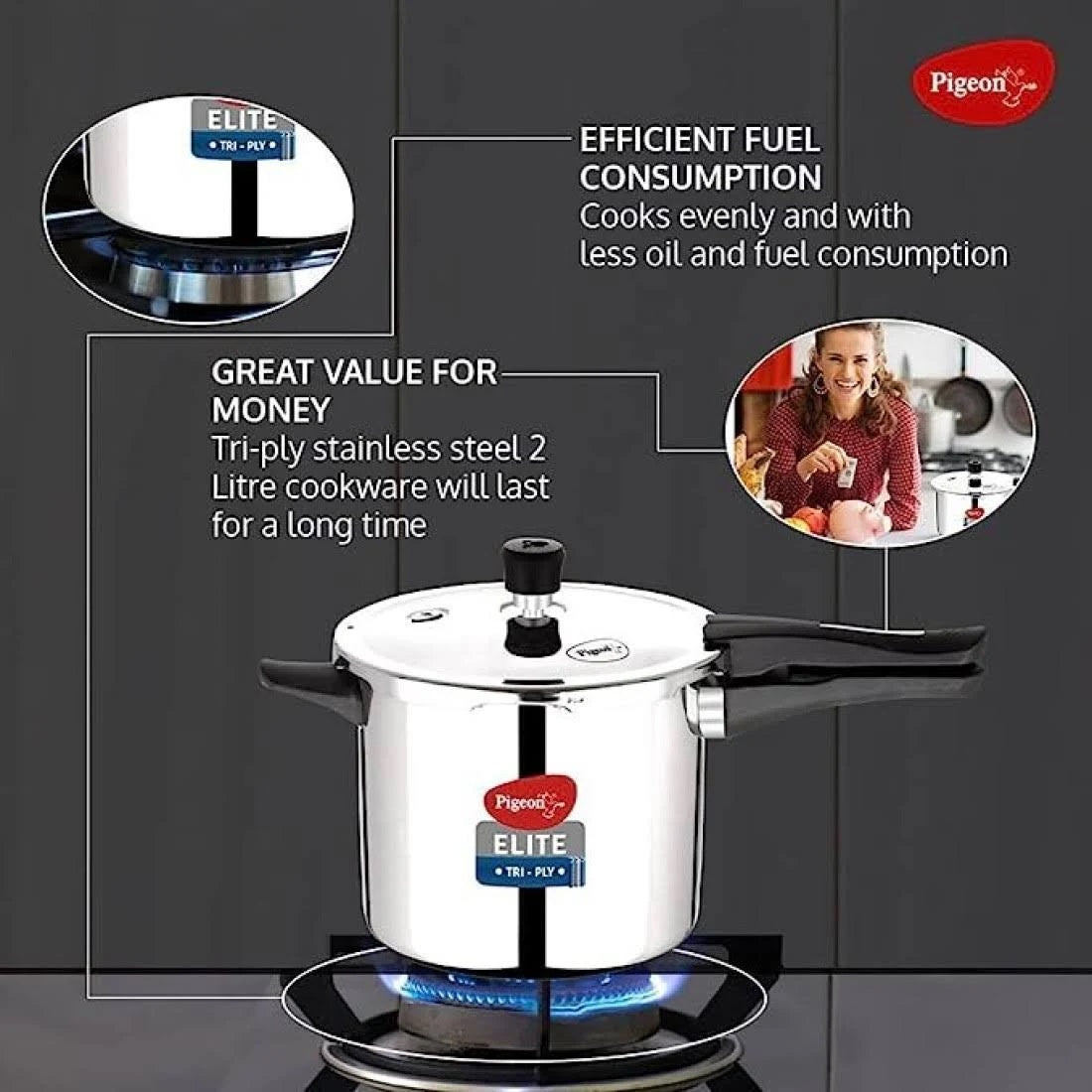 Pigeon Elite Shine and 2 L, 3 L, 5 L Outer Lid Induction Bottom Pressure Cooker (Triply)
