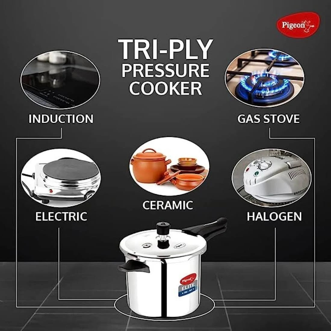 Pigeon Elite Shine and 2 L, 3 L, 5 L Outer Lid Induction Bottom Pressure Cooker (Triply)