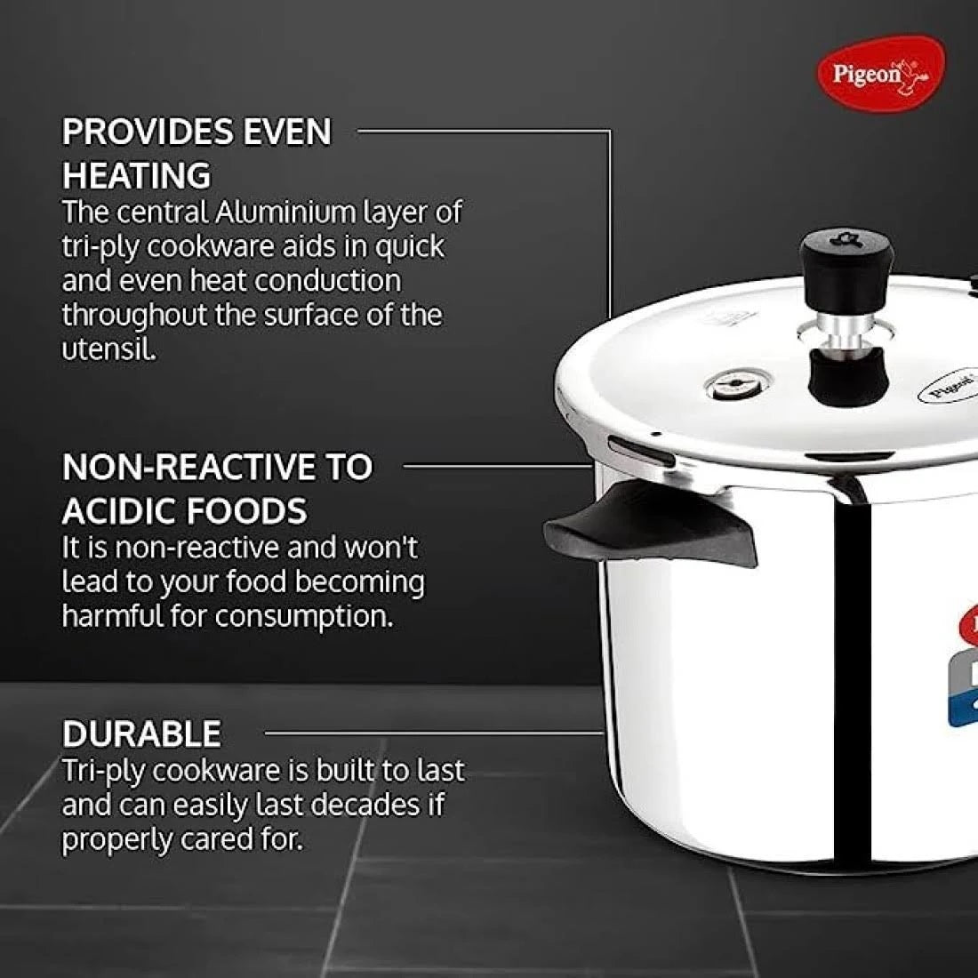 Pigeon Elite Shine and 2 L, 3 L, 5 L Outer Lid Induction Bottom Pressure Cooker (Triply)