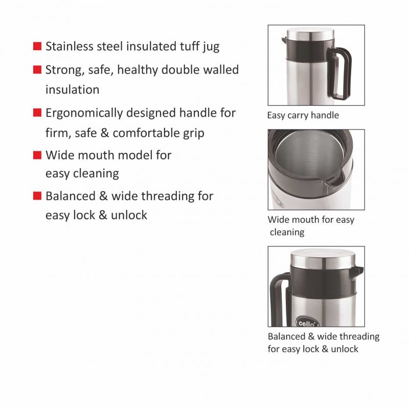 Cello Carolene 350ml Stainless Steel Insulated Tuff Jug | Leak-Proof, BPA-Free, Durable Tuff Steel Flask for Hot & Cold Beverages