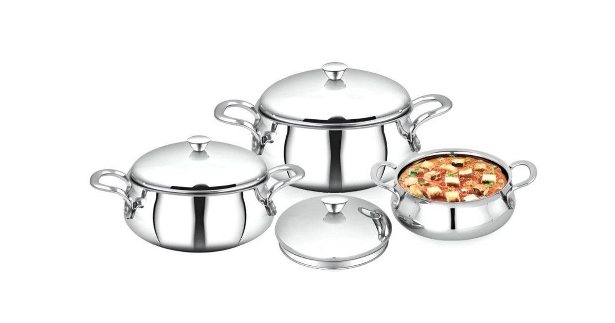 Avias Aroma Stainless Steel Handi 3 Pieces set With Carry Handles And lid, 1000ml, 1500ml And 2000ml