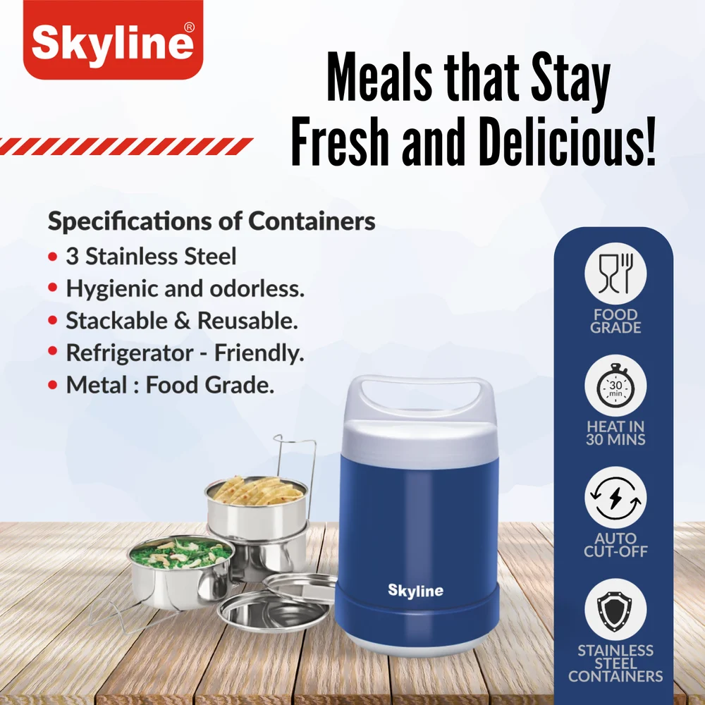 Skyline Electric Lunch Box with Stainless Steel 3 Containers – Fresh, Hot, and Hygienic Meals On-the-Go