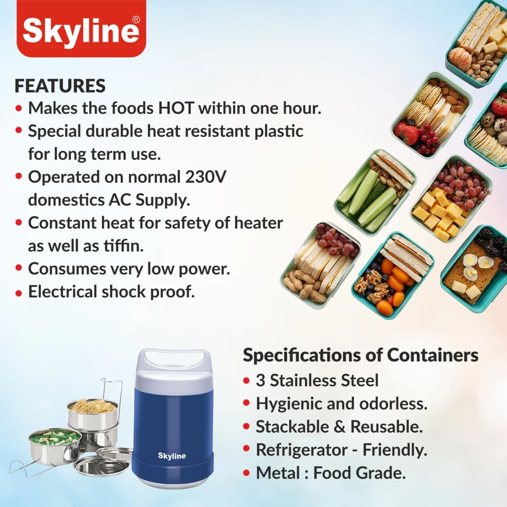 Skyline Electric Lunch Box with Stainless Steel 3 Containers – Fresh, Hot, and Hygienic Meals On-the-Go