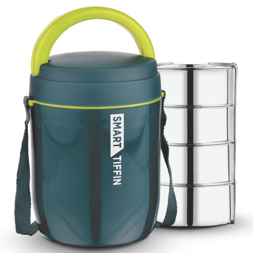 Asian Smart 4 Tiffin Carrier, Double Wall Insulated Spplied With 4 Family Size Stainless Steel Containers With Stailess Steel Lid | 4 Compartment Steel Tiffin Box