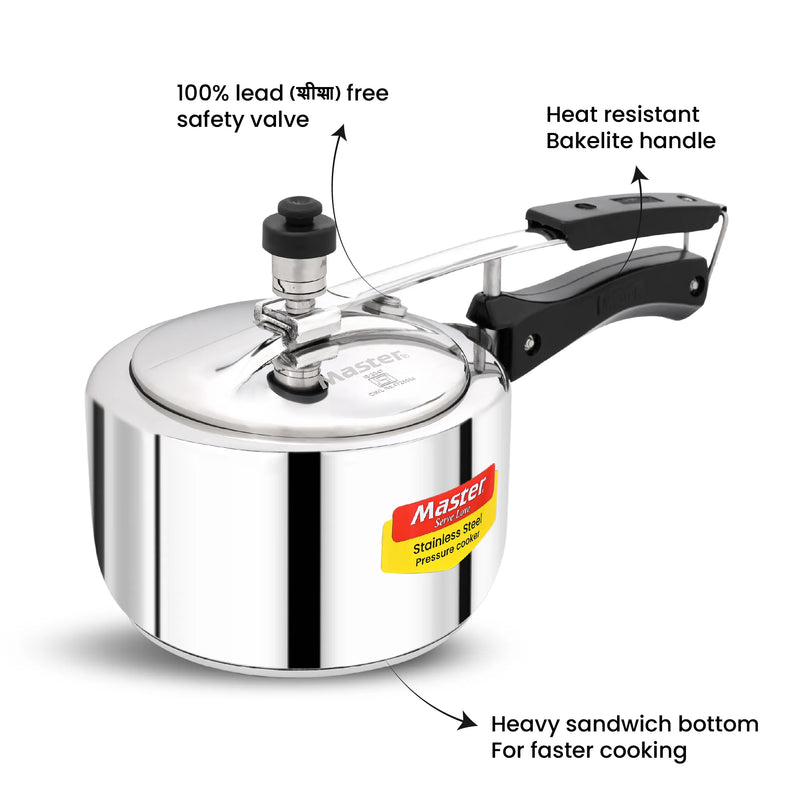 Master Gloria 2 Liter Stainless Steel Pressure Cooker Inner Lid | Cooks for 2-3 Person Meal | Premium Bakelite Handle With Sandwich Bottom | Induction Base & Gas Stove Compatible