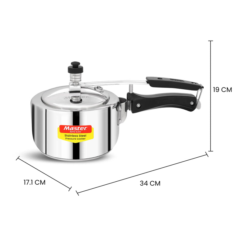 Master Gloria 2 Liter Stainless Steel Pressure Cooker Inner Lid | Cooks for 2-3 Person Meal | Premium Bakelite Handle With Sandwich Bottom | Induction Base & Gas Stove Compatible