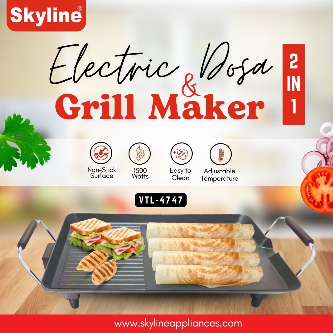 Skyline 2-in-1 Electric Dosa & Grill Maker | Black VTL-4747 | 1500W Non-Stick Cooking Surface
