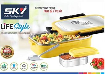 Sky Life Style Stainless Steel Insulated Lunch Box with Steel lid 800ml (Sky Blue) - Yellow