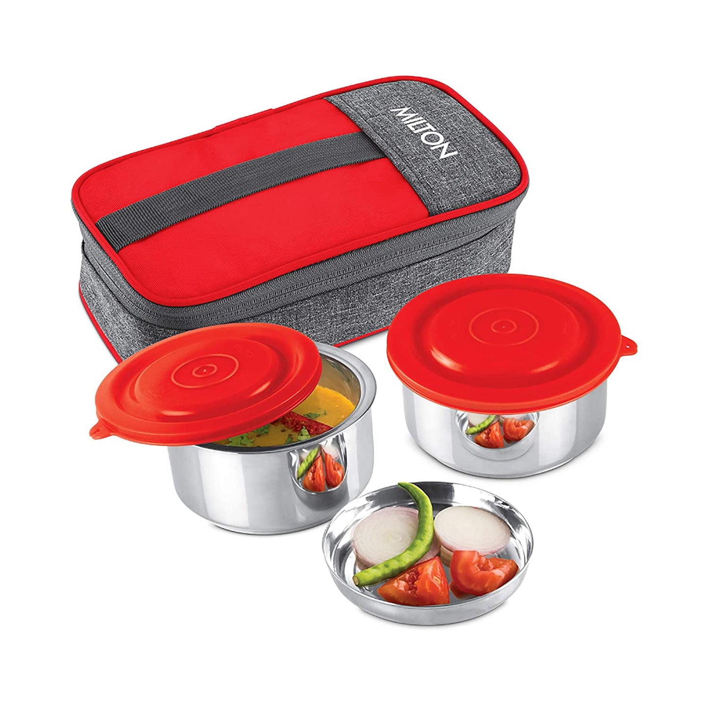 Milton Pasto Lunch Box 2 Double Wall Stainless Steel Containers with Denim Insulated Jacket, Set of 2, 350 ml, Red - Red