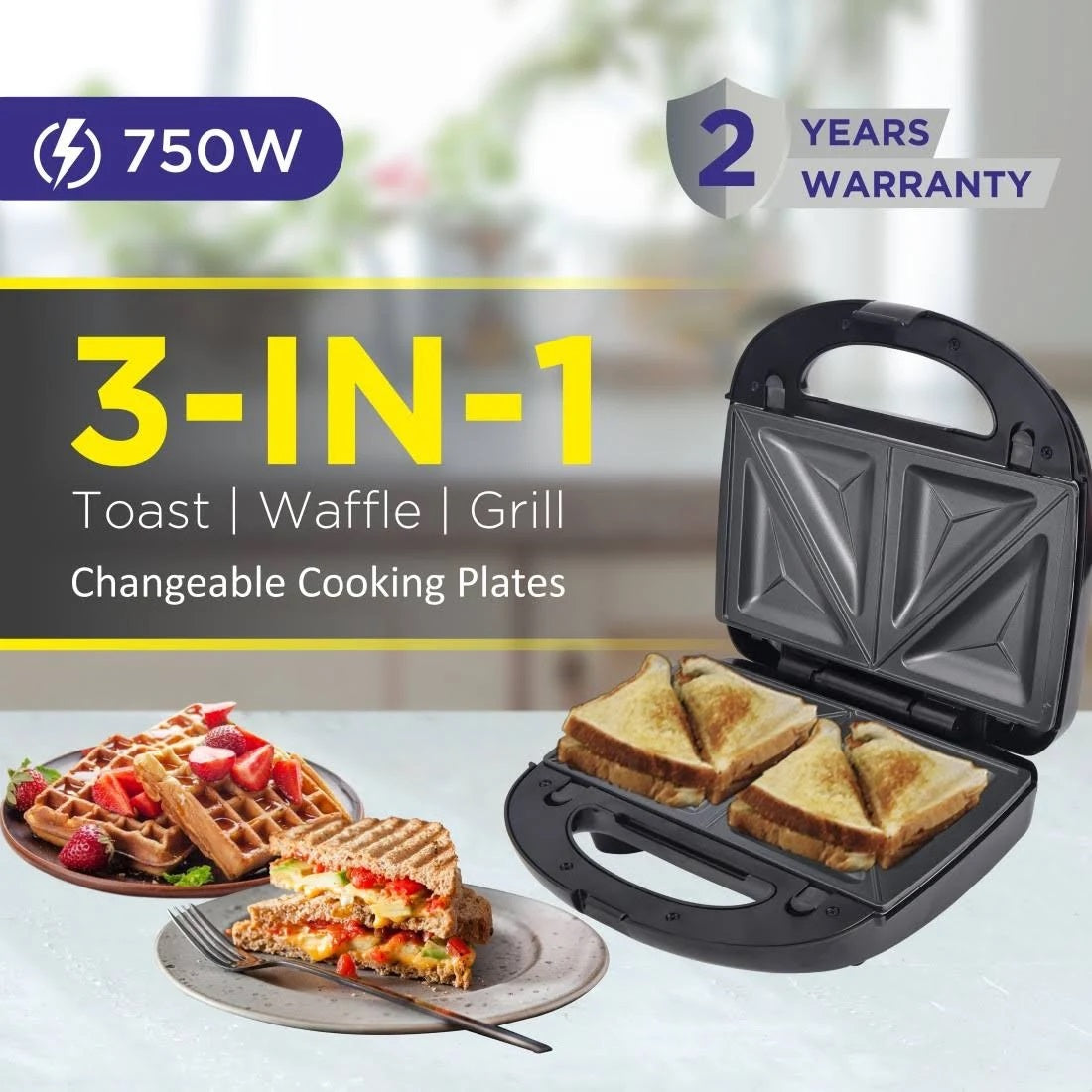 BOSS Regal 3-In-1 , Easy Detachable Non-Stick Plates, 2 Slice, Grill, Toast, Waffle  (Black/Steel)