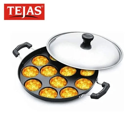 Tejas 12 Cavities Non Stick Appam Patra with Lid (Paniyarrakal/Paniyaram/Appam Pan/Maker/Cake Maker Pan