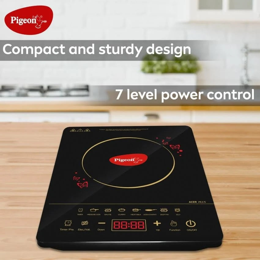 Pigeon By Stovekraft 14429 Acer Plus 1800 Watt Induction Cooktop with Feather Touch Control, Induction Stove comes with 8 Preset Menus and Auto-Shut