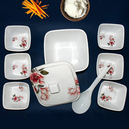Hector 9-Piece Melamine Bowl Set with Lid and Serving Spoon - Floral Design