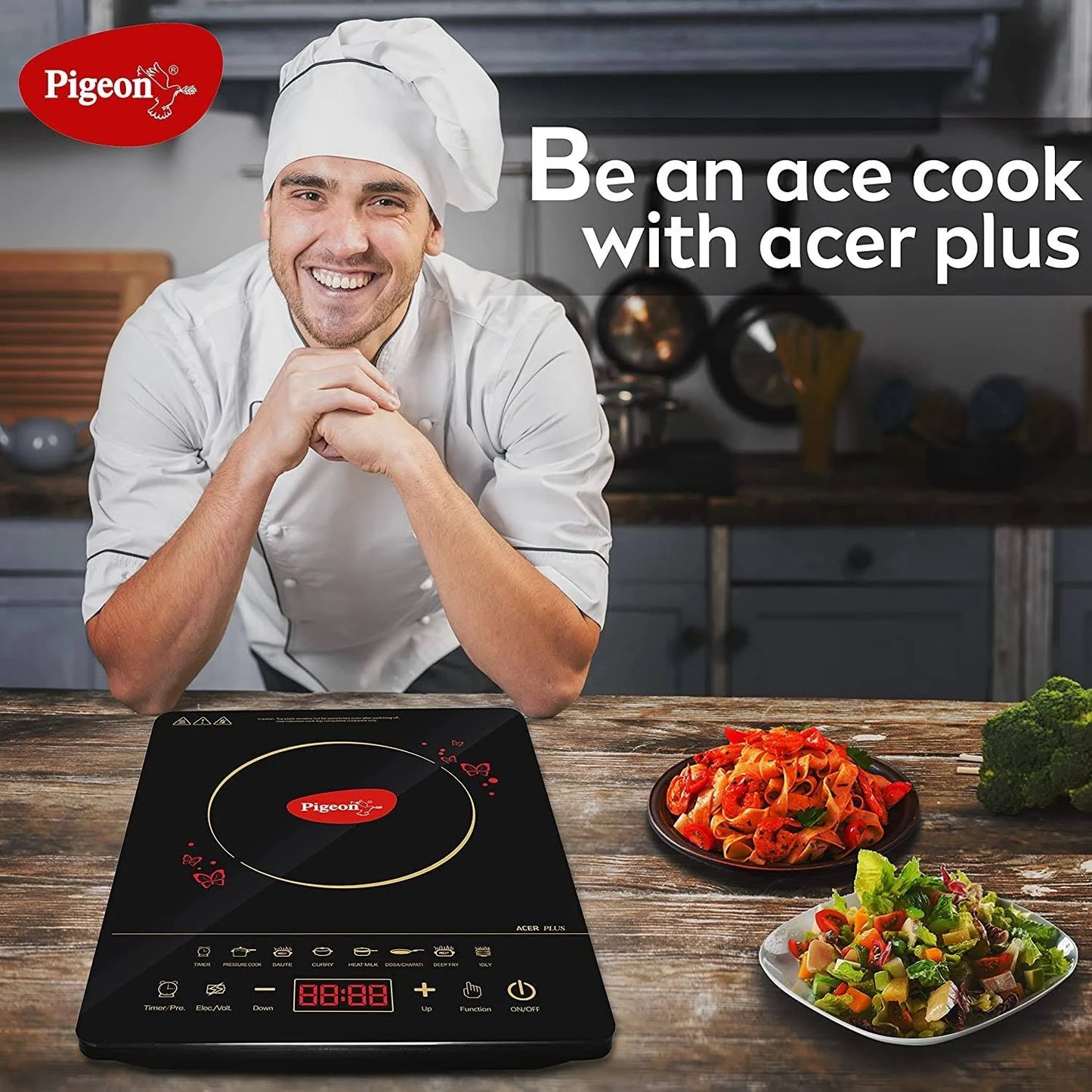 Pigeon By Stovekraft 14429 Acer Plus 1800 Watt Induction Cooktop with Feather Touch Control, Induction Stove comes with 8 Preset Menus and Auto-Shut