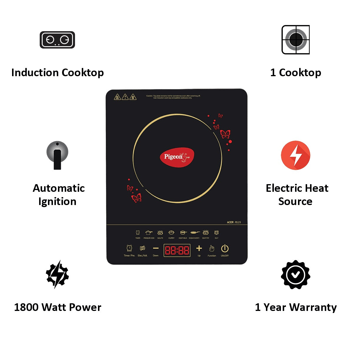 Pigeon By Stovekraft 14429 Acer Plus 1800 Watt Induction Cooktop with Feather Touch Control, Induction Stove comes with 8 Preset Menus and Auto-Shut