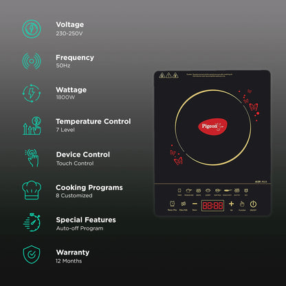 Pigeon By Stovekraft 14429 Acer Plus 1800 Watt Induction Cooktop with Feather Touch Control, Induction Stove comes with 8 Preset Menus and Auto-Shut