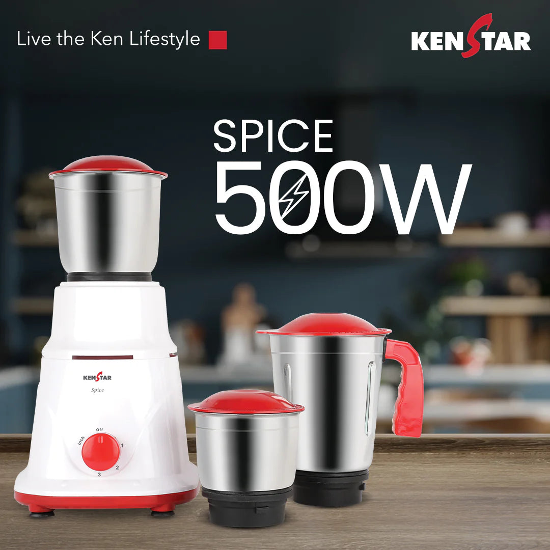 KENSTAR SPICE 500-WATT MIXER GRINGER WITH 3 JARS (WHITE & RED)