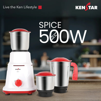 KENSTAR SPICE 500-WATT MIXER GRINGER WITH 3 JARS (WHITE & RED)