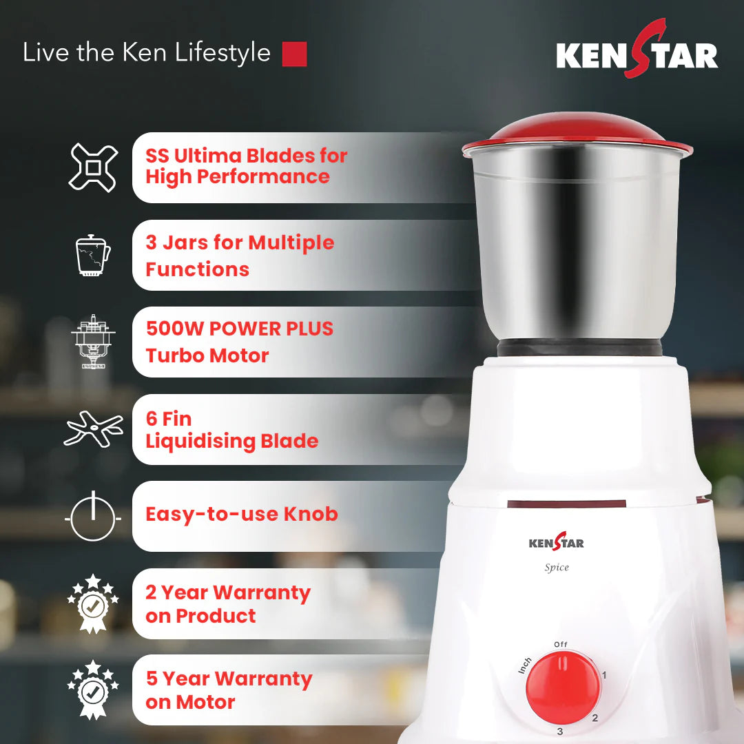 KENSTAR SPICE 500-WATT MIXER GRINGER WITH 3 JARS (WHITE & RED)
