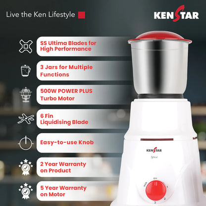 KENSTAR SPICE 500-WATT MIXER GRINGER WITH 3 JARS (WHITE & RED)