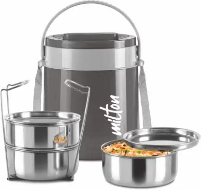 MILTON Classic Stainless Steel Tiffin With Lifter, 3 Container, 300 ml Each, Black | PU Insulated | Food Grade | Easy To Carry | Hot & Cold | Office | Outdoors | Food Grade