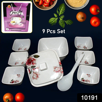 Hector 9-Piece Melamine Bowl Set with Lid and Serving Spoon - Floral Design