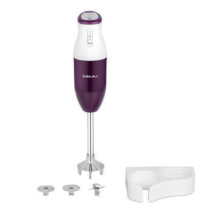 Bajaj HB 23 225 W Hand Blender with Powerful Copper Motor, 2-Speed Switch, Stainless Steel Stem & Blades, Includes Whisk, Mincer & Beater Attachments, Wall-Mount Bracket & Cord Hanger – Easy Home Kitchen Handheld Mixer