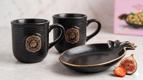 Pine Café 2+1 Ceramic Gift Set - 2 Textured Black Coffee/Tea Mugs & 1 Pineapple Shaped Snack Bowl | Premium Matte Finish Crockery for Office & Home | Best Birthday Gift