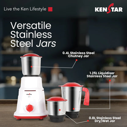 KENSTAR SPICE 500-WATT MIXER GRINGER WITH 3 JARS (WHITE & RED)