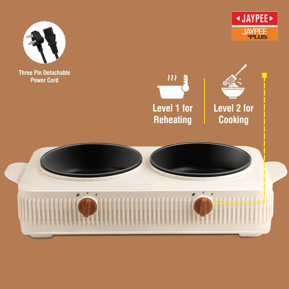 Jaypee Plus Electric CookSmart Casserole 3-in-1 Dual Cooking Station with Teflon NonStick Coating Bowl for Reheating & Cooking,Wooden Finish Lid & Regulator Knob Toughened Glass Lid,1.5+1.5 Ltr, Ivory