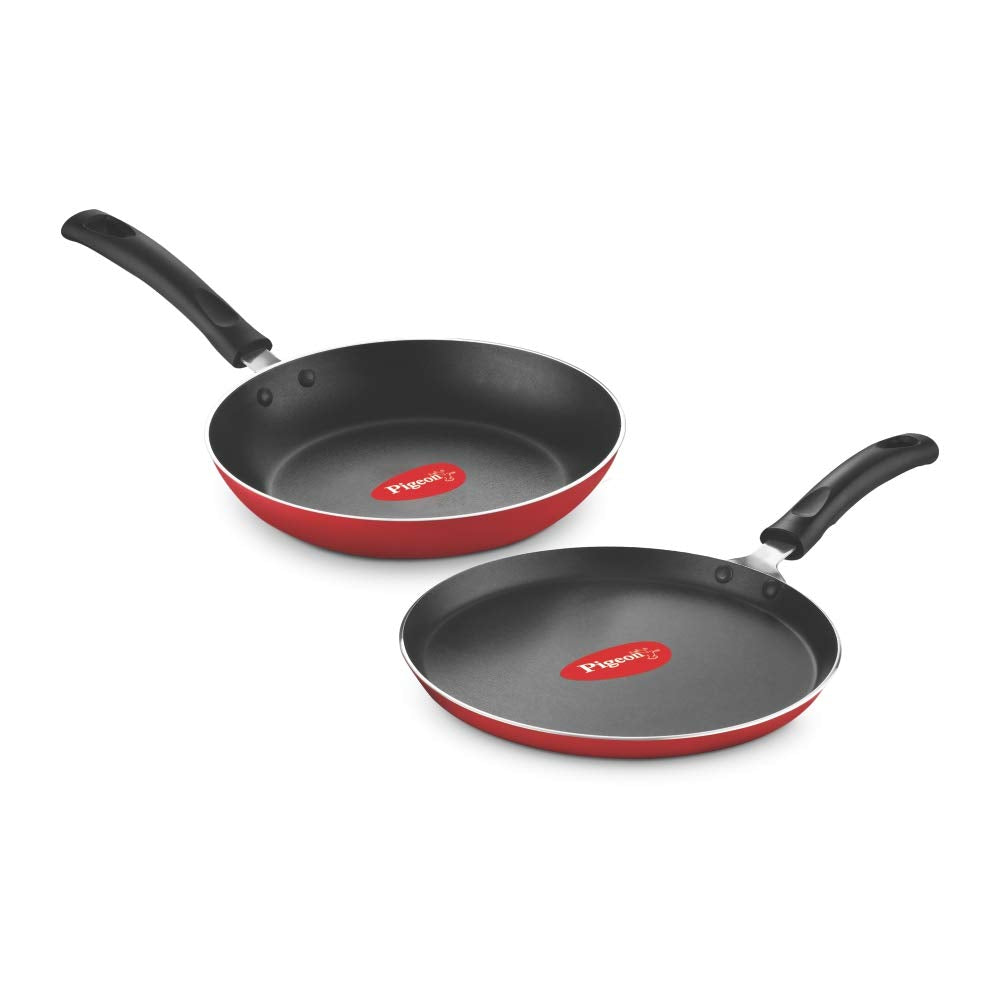 Pigeon Favourite Aluminium Duo Pack 250 Tawa, Fry Pan 240 (Red, Medium)