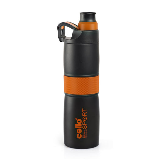 Cello Force Vacuum Insulated Flask | Hot and Cold Water Bottle with Anti-Slip Grip | Double Walled Sports Bottle for Travel, Home, Office, School | 700ml, Orange (Stainless Steel)