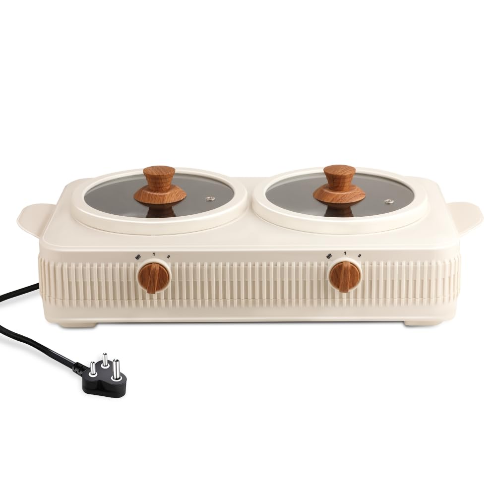 Jaypee Plus Electric CookSmart Casserole 3-in-1 Dual Cooking Station with Teflon NonStick Coating Bowl for Reheating & Cooking,Wooden Finish Lid & Regulator Knob Toughened Glass Lid,1.5+1.5 Ltr, Ivory