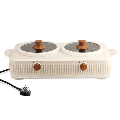 Jaypee Plus Electric CookSmart Casserole 3-in-1 Dual Cooking Station with Teflon NonStick Coating Bowl for Reheating & Cooking,Wooden Finish Lid & Regulator Knob Toughened Glass Lid,1.5+1.5 Ltr, Ivory