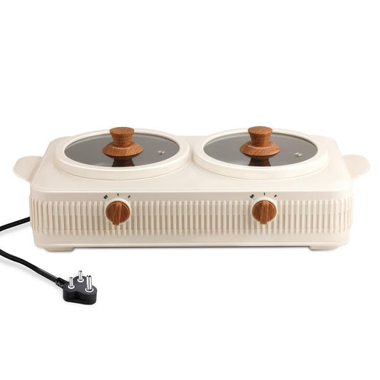Jaypee Plus Electric CookSmart Casserole 3-in-1 Dual Cooking Station with Teflon NonStick Coating Bowl for Reheating & Cooking,Wooden Finish Lid & Regulator Knob Toughened Glass Lid,1.5+1.5 Ltr, Ivory