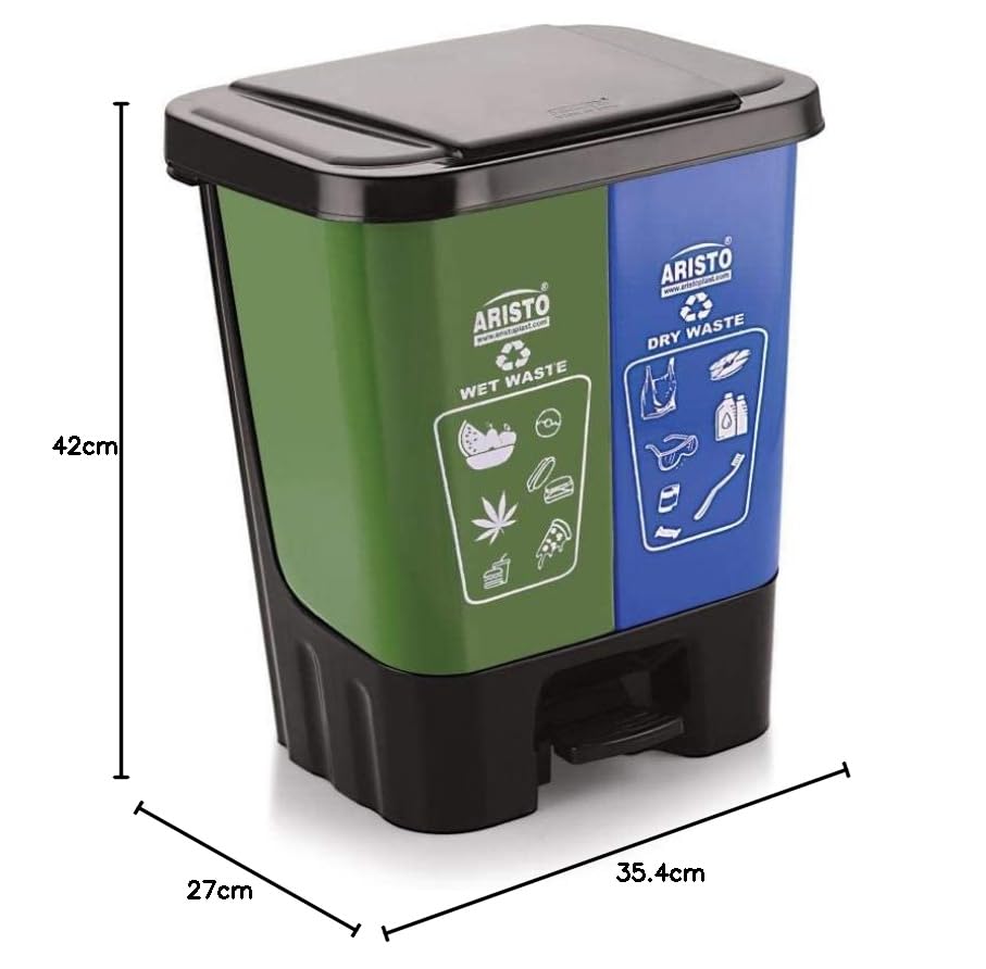 ARISTO Twin Pedal Bin Dry Waste and Wet Waste Dustbin (20 Ltrs), Blue, Plastic
