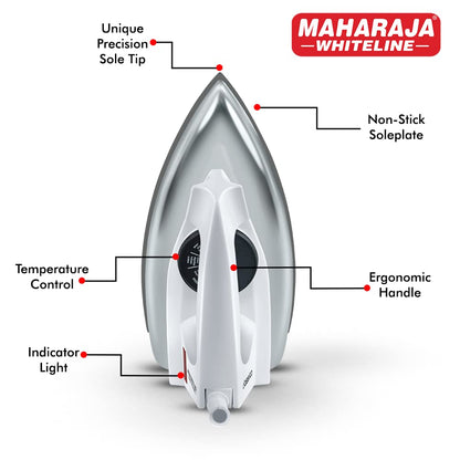 Maharaja Whiteline Plastic 1000 Watts Classico Dry Iron, 1000 Watts |Adjustable Temperature Control | Isi Centified | Non-Stick Soleplate | Indicator Light | (White)