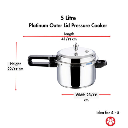 Vinod Platinum Triply Stainless Steel Outer Lid Pressure Cooker 5 Litre | ISI Certified | Induction & Gas Stove Compatible | Silver